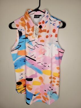 Sunday Swagger Women's M Sleeveless Golf Polo Shirt Abstract Print NWT